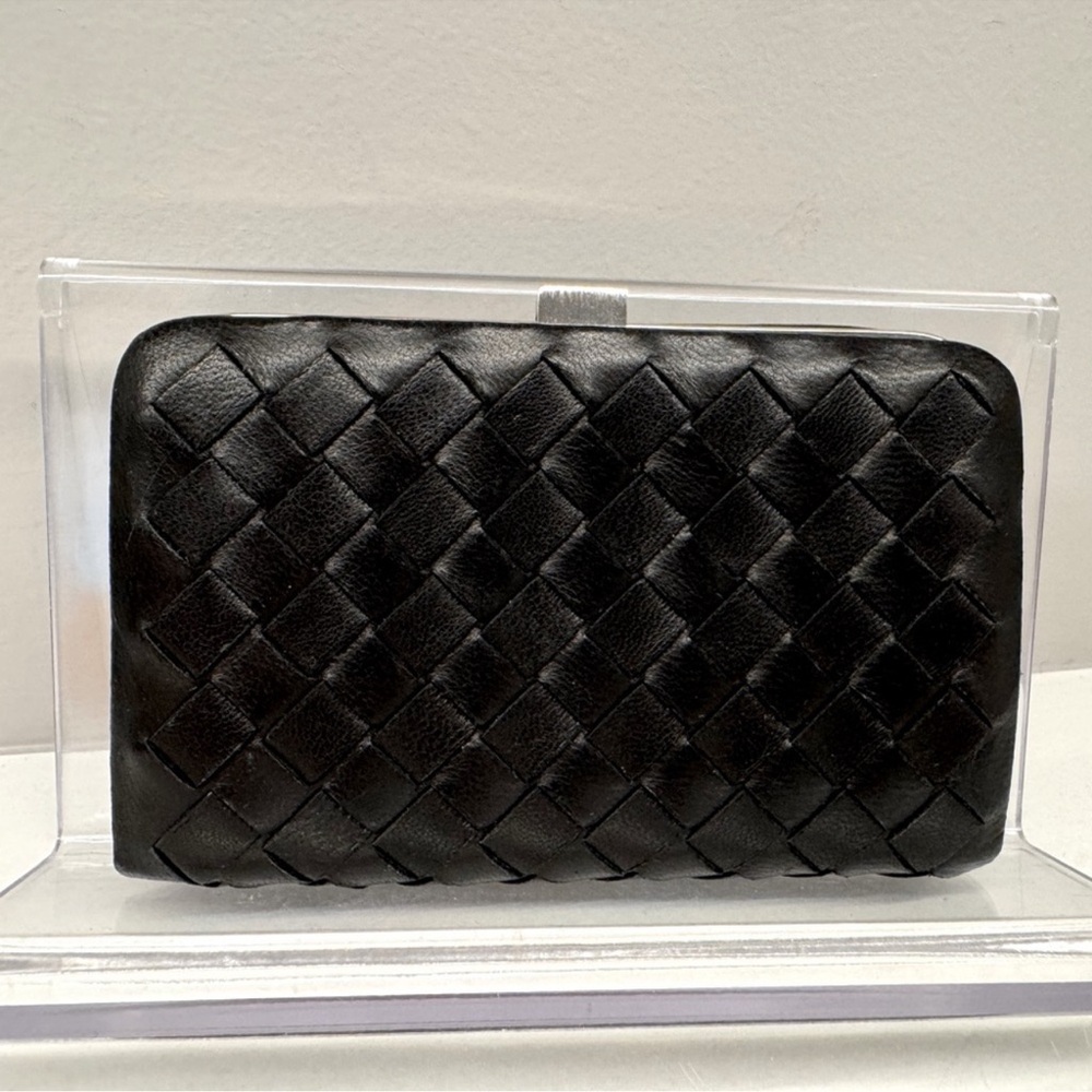 Bottega Veneta Black Leather Intrecciato Slide Lock Card Holder
